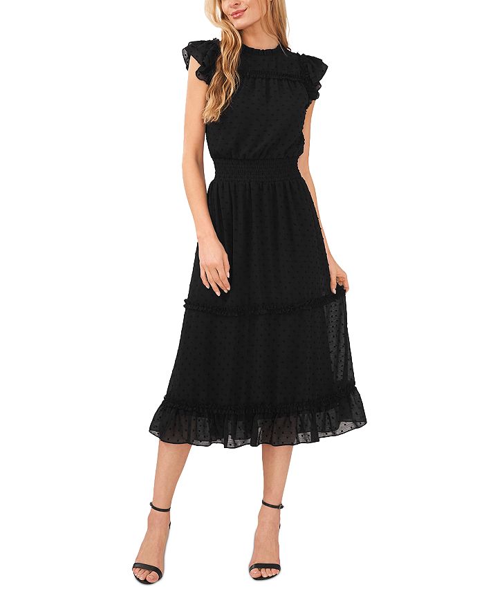 Cece Clip Dot Flutter Sleeve Midi Dress In Rich Black
