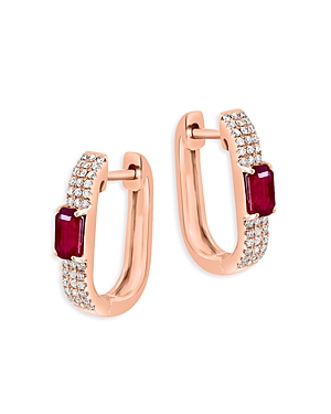Photos - Earrings Bloomingdale's Ruby & Diamond Oval Hoop  in 14K Rose Gold Red/Rose