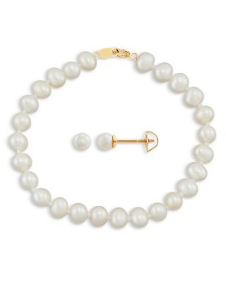 Bloomingdale's Fine Collection Children's Freshwater Pearl Strand Bracelet and Stud Earrings Set in 14K Yellow Gold