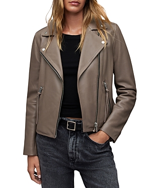 Shop Allsaints Dalby Leather Biker Jacket In Stone Grey