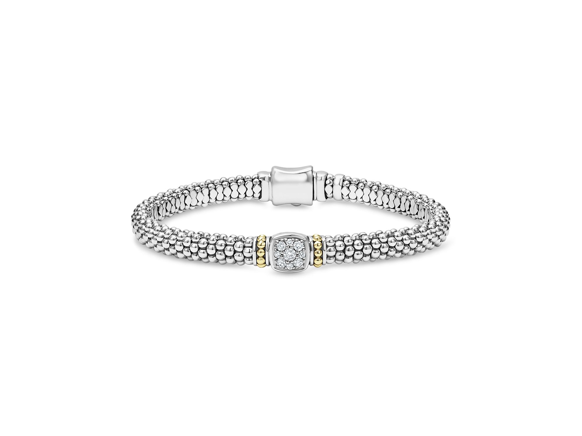 18K Yellow Gold & Sterling Rittenhouse Diamond Cluster Caviar Rope Bead Bracelet - Image 1