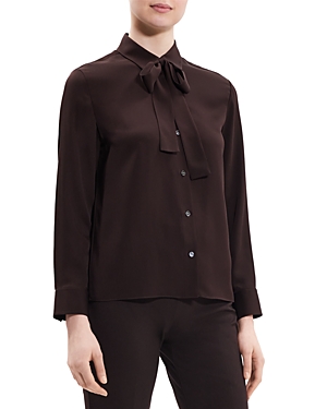 Shop Theory Silk Tie Neck Blouse In Mink