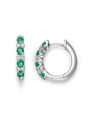 Emerald & Diamond Huggie Hoop Earrings in 14K White Gold