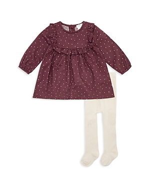 Shop Firsts By Petit Lem Girls' Dot Print Flannel Dress & Footed Tights Set - Baby In Dark Plum