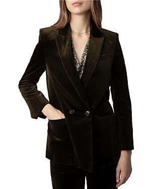 Zadig & Voltaire Double-breasted Velvet Blazer In Kaki