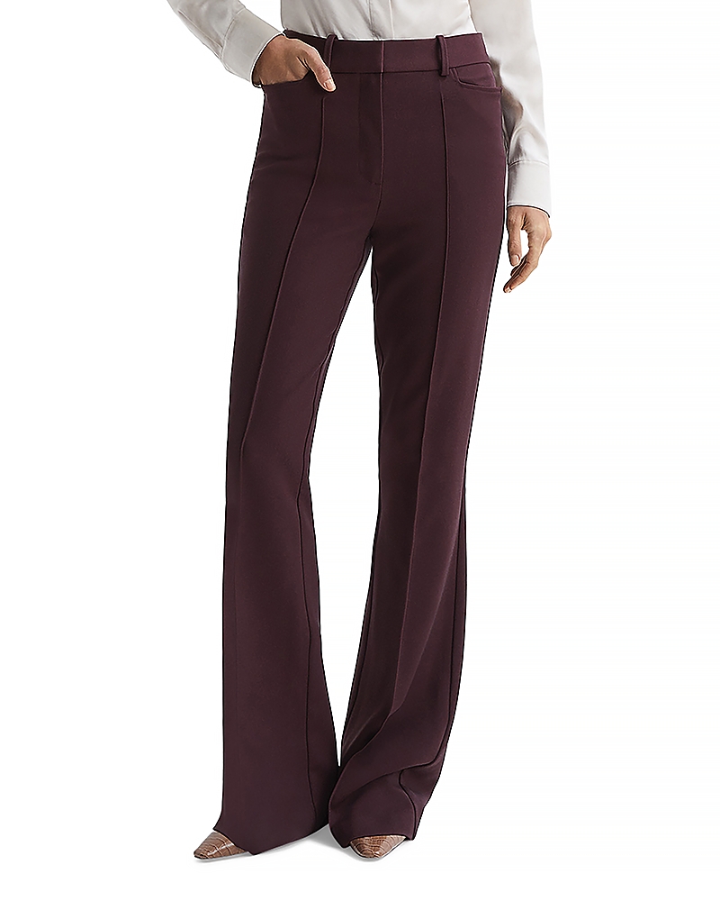 Reiss Womens Burgundy Lily Flared-leg Button-embellished Stretch Wool-blend Trousers In Berry