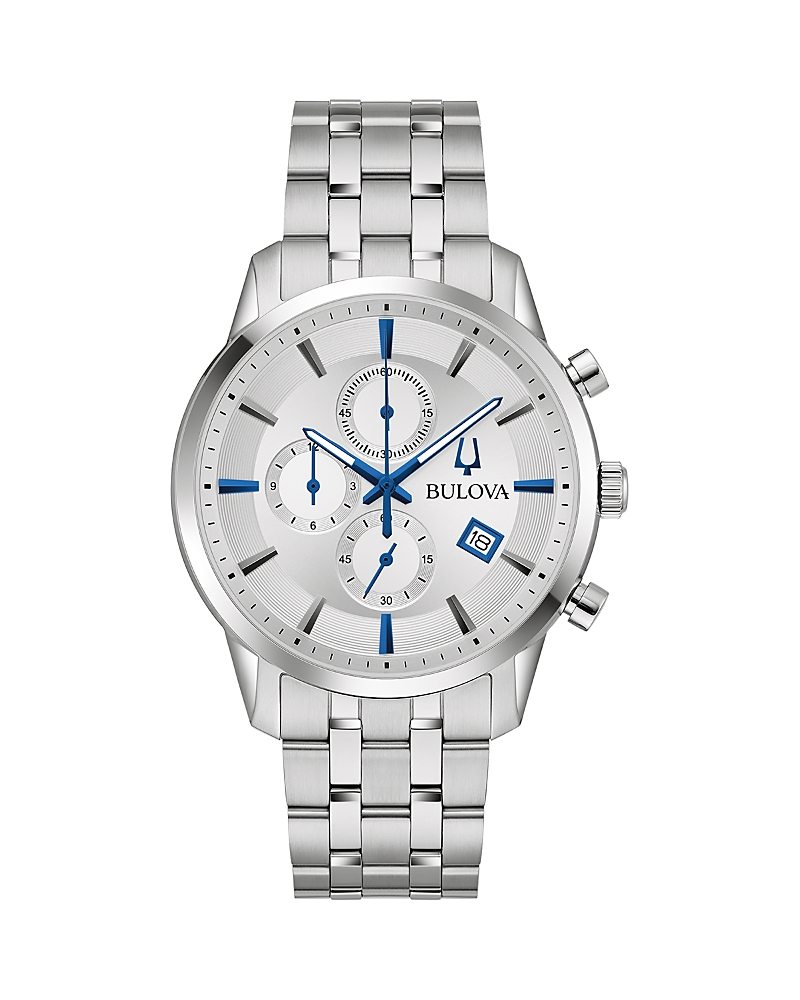 Bulova Classic Sutton Mens Chronograph Silver Tone Stainless Steel Bracelet Watch 96b404 In Silver