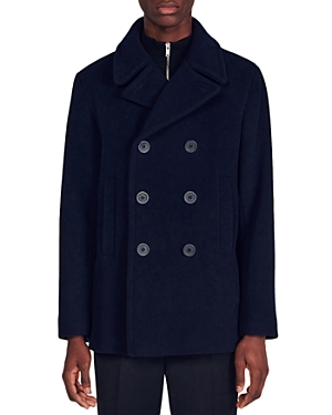 Shop Sandro Double Breasted Peacoat In Navy Blue