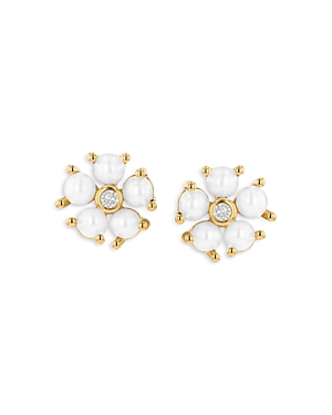 Moon & Meadow 14k Yellow Gold Diamond & Cultured Pearl Flower Stud Earrings In White
