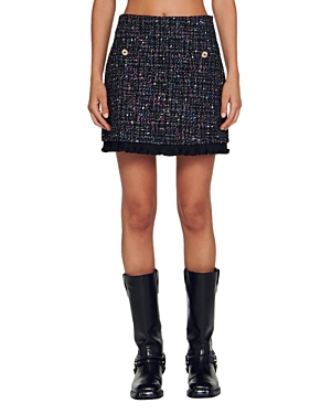 Sandro Keithy Ruffled Tweed Skirt In Blanc/ Blue