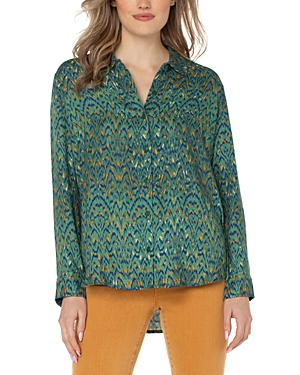 Liverpool Los Angeles Button Up Blouse In Emerald Ikat