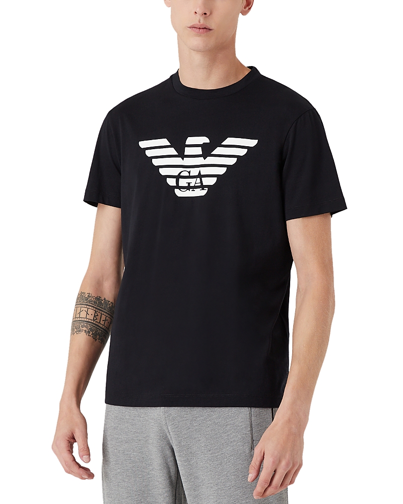 Emporio Armani Black Crewneck T-shirt With Logo Embroidery On The Front In Navy Blue
