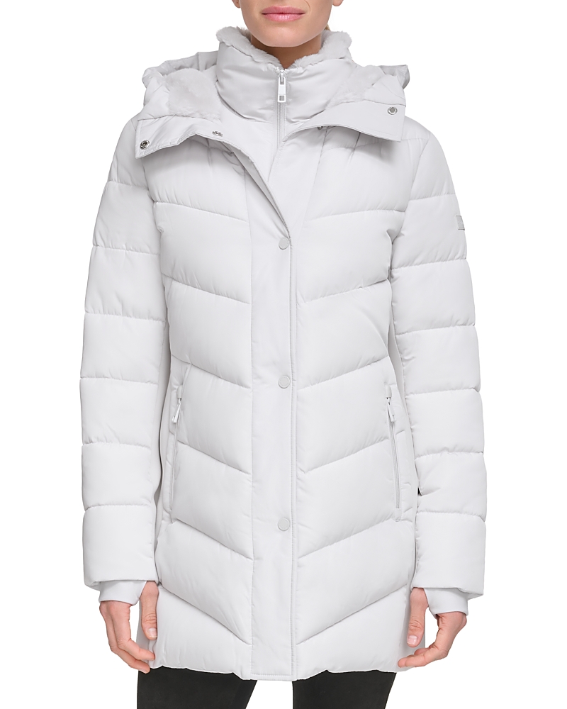 Calvin Klein Faux Fur Trim Puffer Coat In Dove Grey