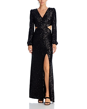 Aqua V Neck Long Sleeve Cutout Sequin Dress - 100% Exclusive In Black