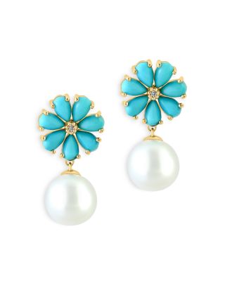 Bloomingdale's Fine Collection Cultured Freshwater Pearl, Turquoise, & Diamond Flower Drop Earrings in 14K Yellow Gold