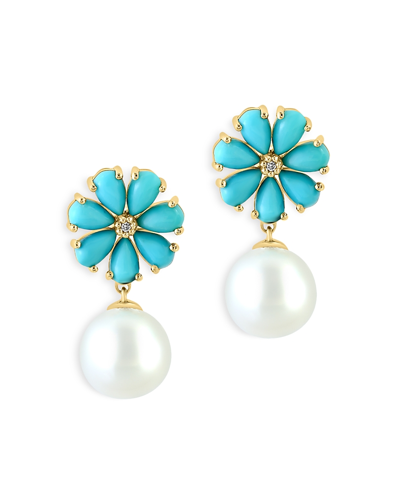 Bloomingdale's Cultured Freshwater Pearl, Turquoise, & Diamond Flower Drop Earrings in 14K Yellow Gold