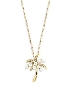 Bloomingdale's Cultured Freshwater Pearl & Diamond Palm Tree Pendant Necklace In 14k Yellow Gold, 16-18 In White/gold