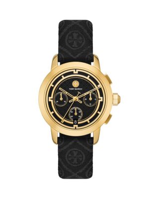 Women's Tory Goldtone, Monogram Jacquard & Leather Chronograph Watch In  Black
