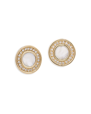 Shop L. Klein 18k Yellow Gold Toscano Mother Of Pearl & Diamond Halo Stud Earrings In White/gold