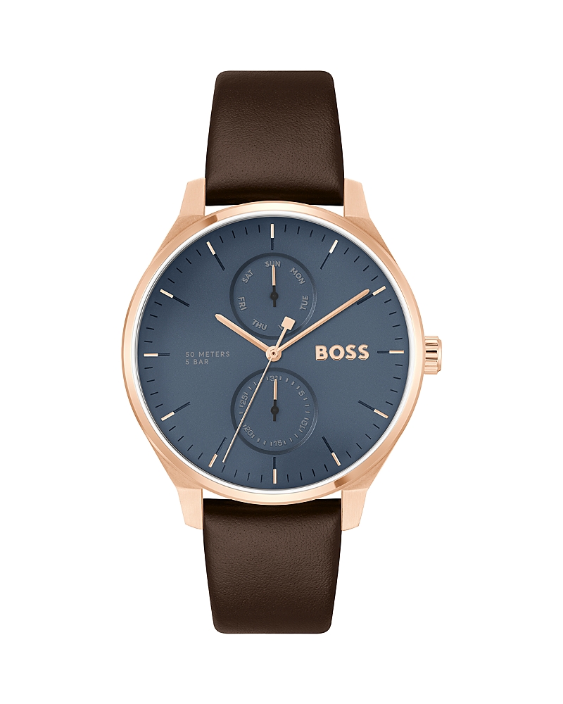 Hugo Boss Gold-tone Watch With Blue Dial And Leather Strap Men's Watches In Blue/brown