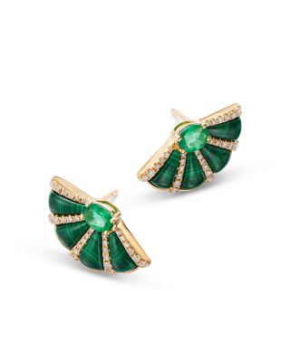 Malachite, Emerald, & Diamond Fan Stud Earrings in 14K Yellow Gold