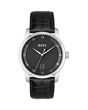 Hugo Boss Men Principle Quartz Basic Calendar Black Leather Watch 41mm In Black