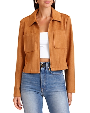 Bagatelle Faux Suede Zip Front Cropped Jacket In Amber