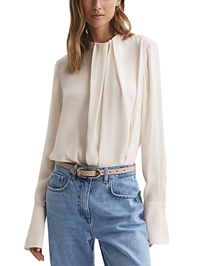 Reiss Cream Pleat Front Long Sleeve Blouse In Cream