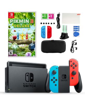 Nintendo Switch in Neon with Pikmin 3 Deluxe Game and Accessories