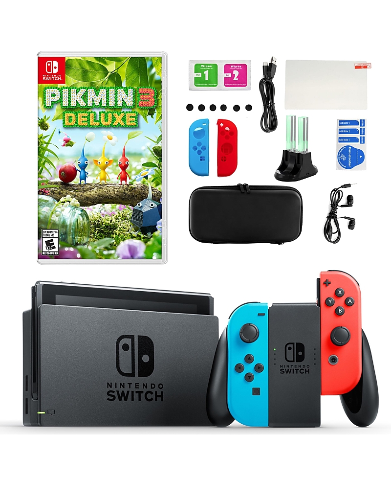 NINTENDO SWITCH IN NEON WITH PIKMIN 3 DELUXE GAME AND ACCESSORIES KIT