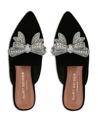 Women's Olive Embellished Bow Velvet Mules