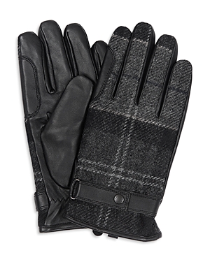 Barbour Black Leather And Wool Gloves In Black Gray