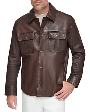 Shop Andrew Marc Mogador Leather Shirt Jacket In Bourbon
