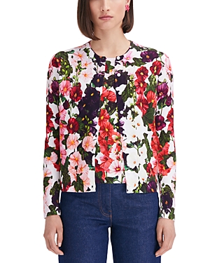 Oscar De La Renta Hollyhocks Print Crewneck Cardigan In Pink/white