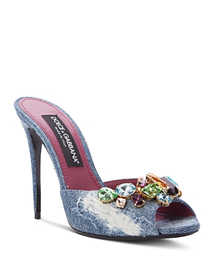 Shop Dolce & Gabbana Women's Embellished Denim Peep Toe High Heel Sandals In Blue Multi