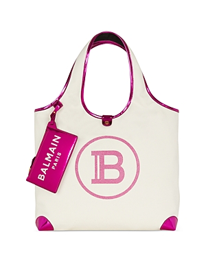 Balmain B Army Large Grocery Canvas Tote Bag In White/fuchsia