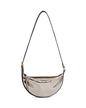 Allsaints Half Moon Small Metallic Crossbody In Pewter/brass