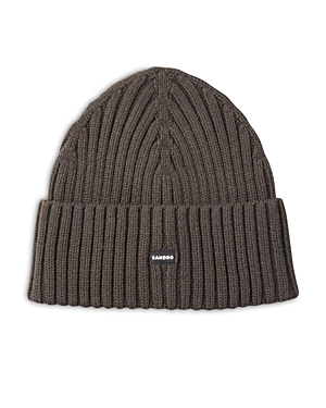 Sandro Ribbed Knit Cuffed Beanie In Olive Green