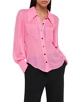 Women's Hot Pink Cold Shoulder Loose Shirt Tops 3/4 Bell Mesh