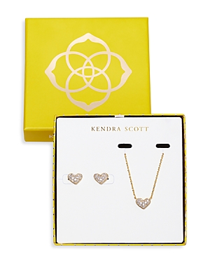 Kendra Scott Ari Pave Heart Pendant Necklace & Stud Earrings Set In 14k Gold Plated In Gold Metal