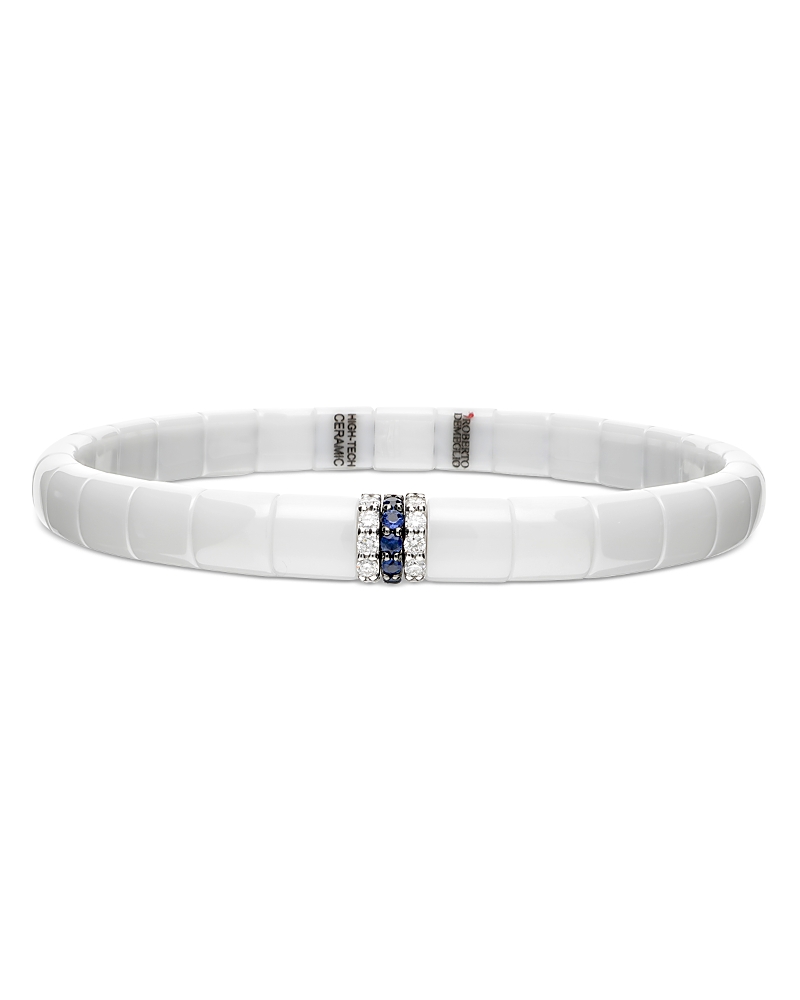 Roberto Demeglio White Gold And White Ceramic Pura Stretch Bracelet With Diamonds And Blue Sapphires In Blue/white