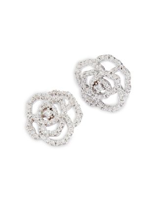 Diamond Rose Flower Openwork Stud Earrings in 14K White Gold, 0.30 tcw
