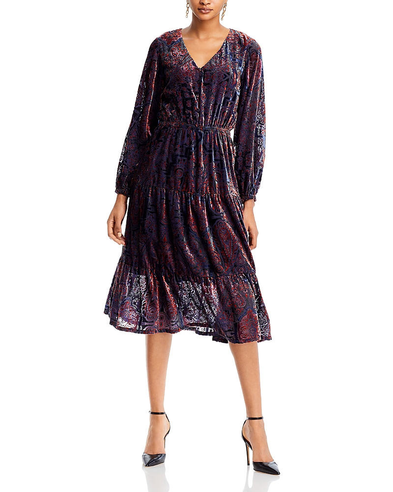 T Tahari Paisley Burnout Velvet Midi Dress