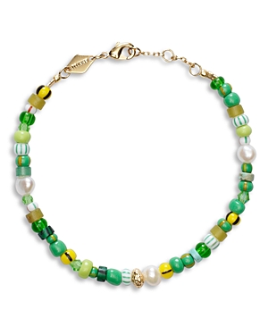 Anni Lu Surf Rider Bead & Cultured Freshwater Pearl Bracelet In 18k Gold Plated In Green/white