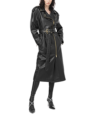 Shop Pinko Faux Leather Moto Trench Coat In Limo Black