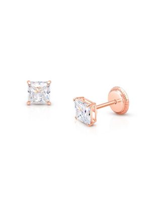  Girls 14K Gold 4mm Princess Cut Studs Screw Back Earrings - Children
