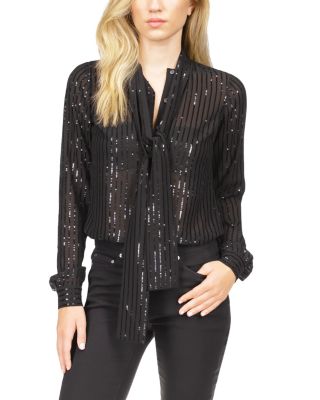 Black Blouse MICHAEL KORS Blouse Fuzzy Sparkle Blouse factory Women's Long Sleeve Shirt