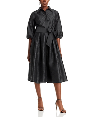 Teri Jon By Rickie Freeman Taffeta Sequined Puff Sleeve Shirt Dress In Black