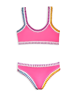 Pq Swim Girls' Sporty Rainbow Embroidered Two Piece Swimsuit - Little Kid, Big Kid In Hot Pink