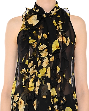 Shop Giambattista Valli Sleeveless Silk Anemone Print Tie Neck Blouse In Black/yellow